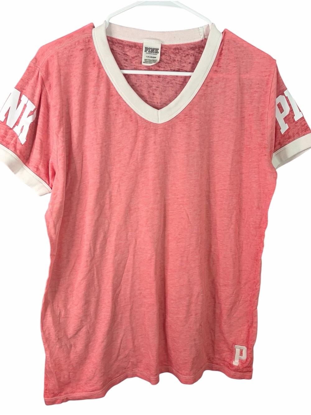Victoria's Secret PINK Pink & White V-Neck Campus Tee Size L